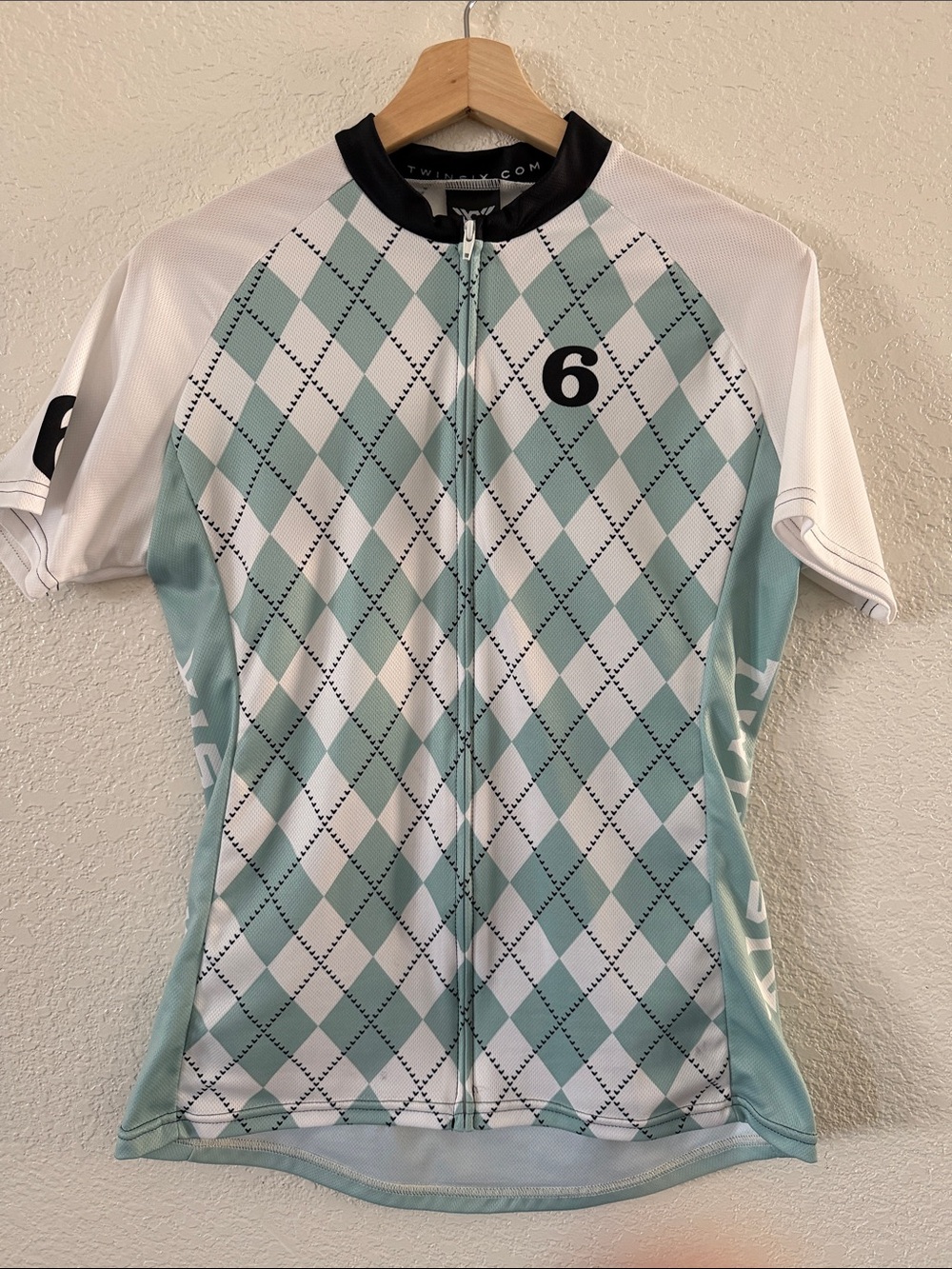 Women's Twin Six Mint Argyle Cycling Jersey with Zip Front and Number Detail